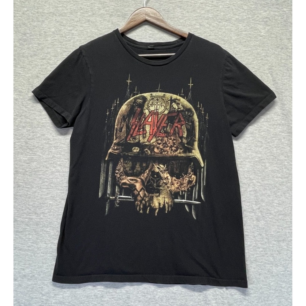 Slayer T-Shirt Mens Medium Black Skull Helmet Graphic Bay Island Sportswear